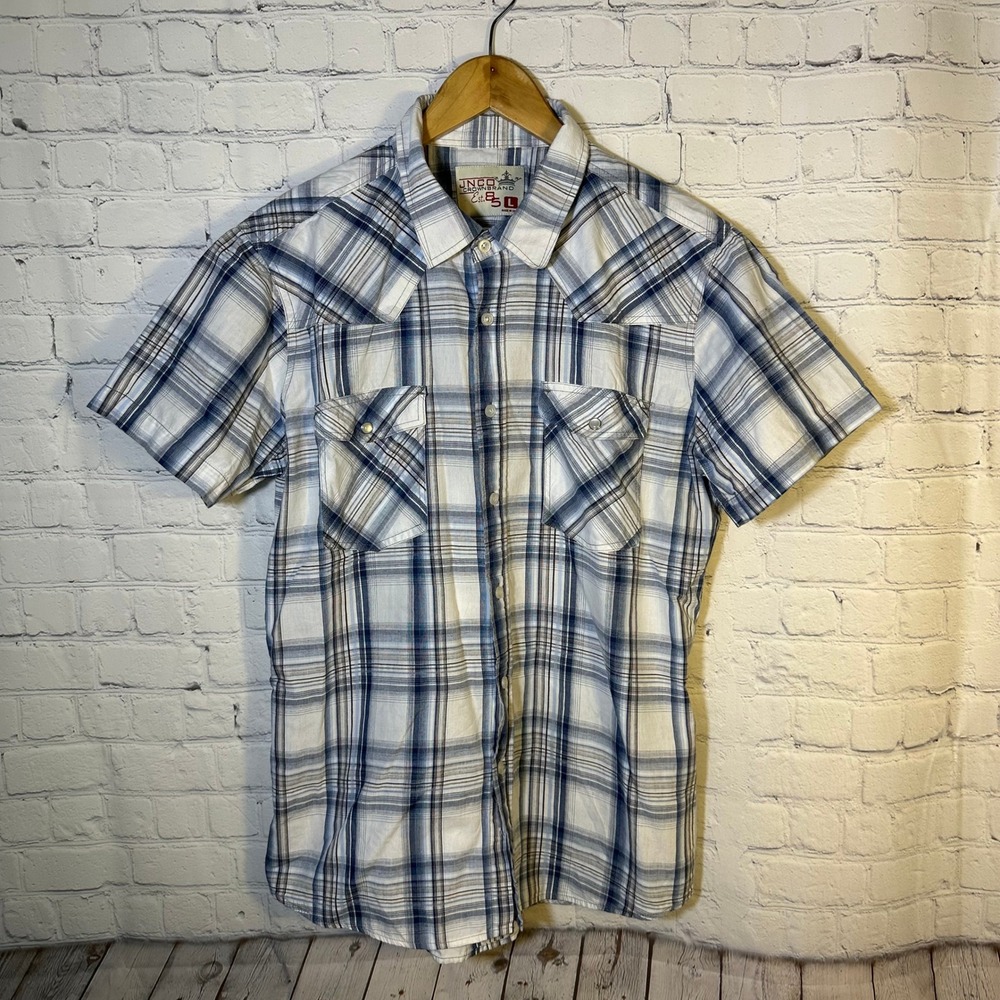 JNCO Crown Brand Mens Blue White Plaid Short Sleeve Western Button Up Shirt L